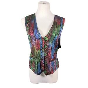 Vintage Wrapper USA Women Medium Multi Color Geometric Paisley Button Front Vest